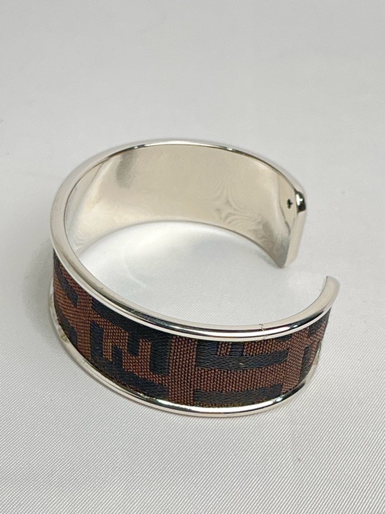 FENDI Brown Monogram Cloth Canvas Silver Cuff Bangle Bracelet - Picture 7 of 8